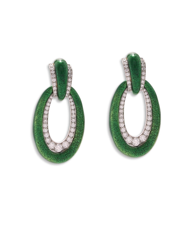 David Webb Platinum & 18K White Gold Manhattan Minimalism Diamond Long Green Enamel Hoop Earrings