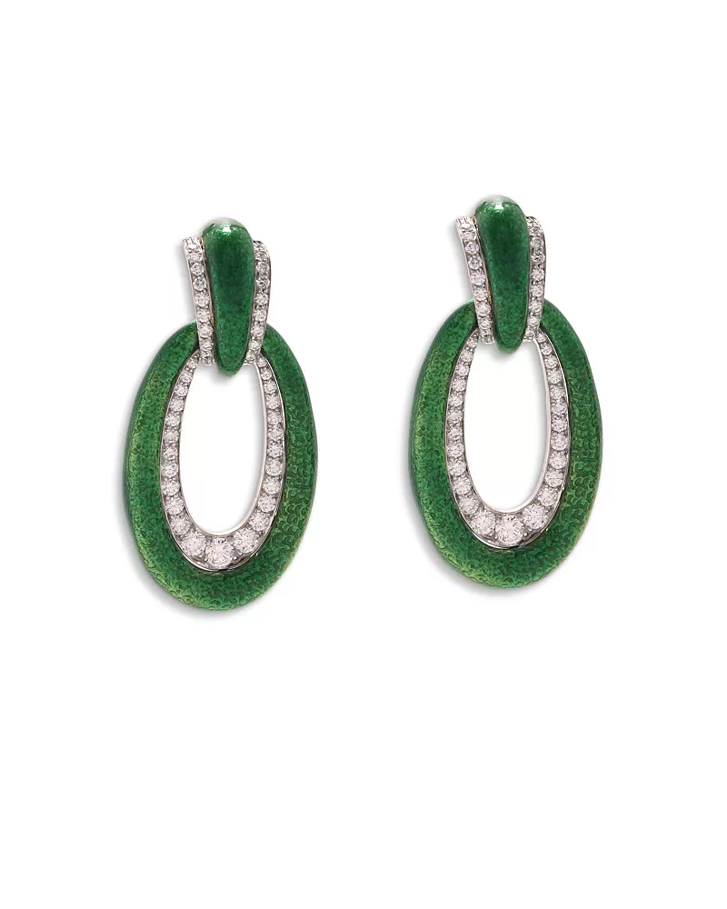 David Webb Platinum & 18K White Gold Manhattan Minimalism Diamond Long Green Enamel Hoop Earrings