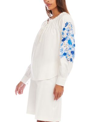 Embroidered Blouson Sleeve Tie Neck Peasant Top