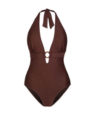  Gabrielle Ring Halter One-Piece Swimsuit in Metallic