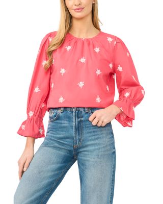 Embroidered Shirred Neck Top