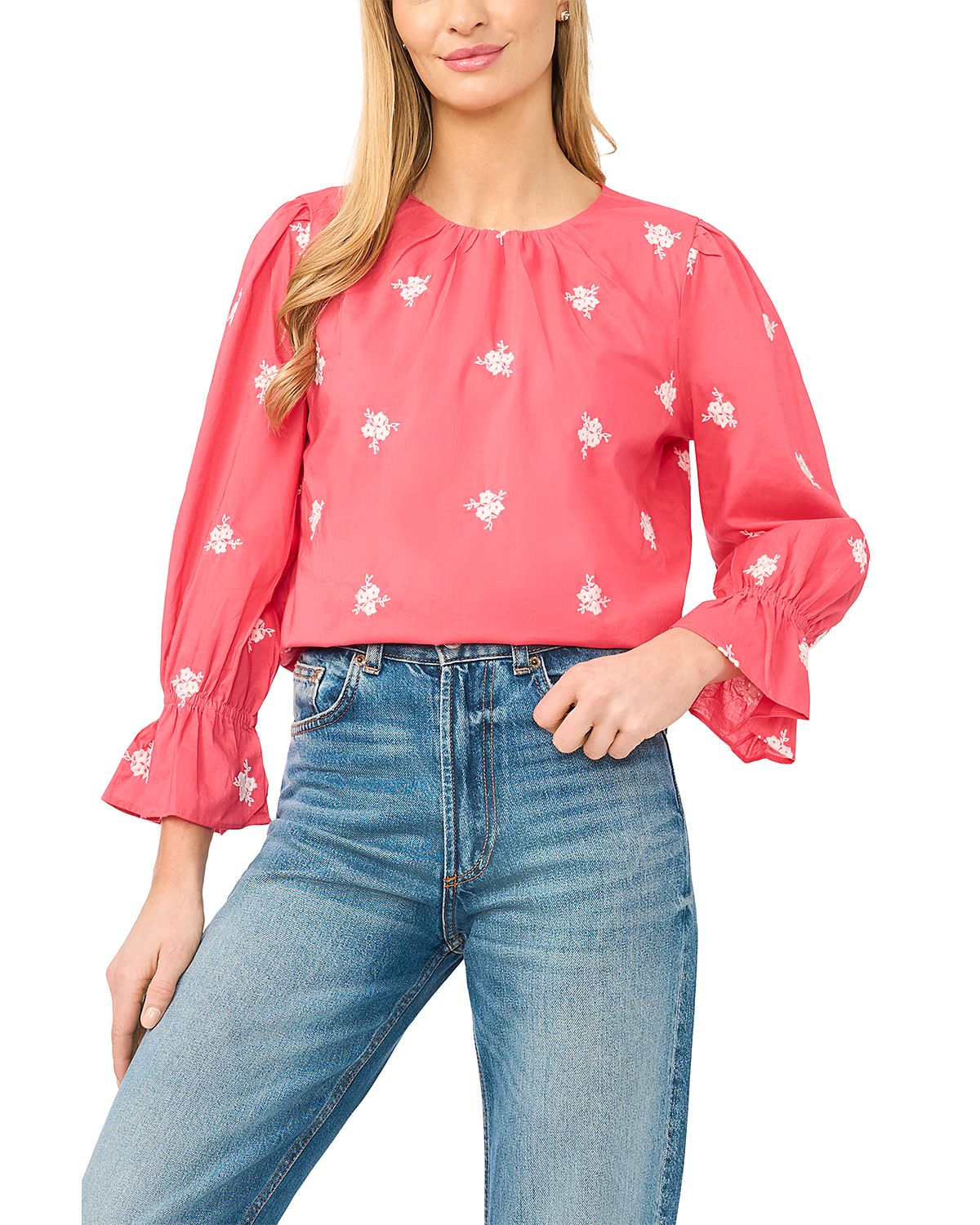 CeCe Embroidered Shirred Neck Top