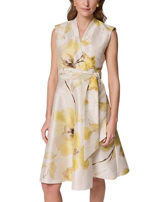 Sleeveless V Neck Jacquard Faux Wrap A Line Dress