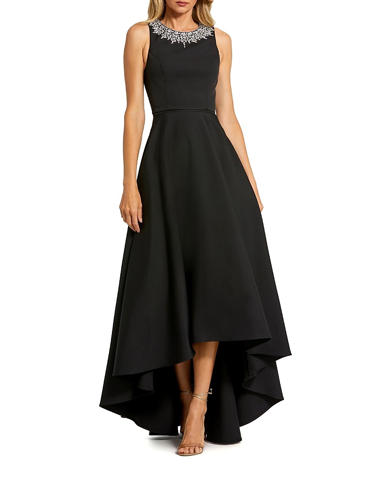 Mac Duggal Petite Crepe Embellished Neck High Low Gown