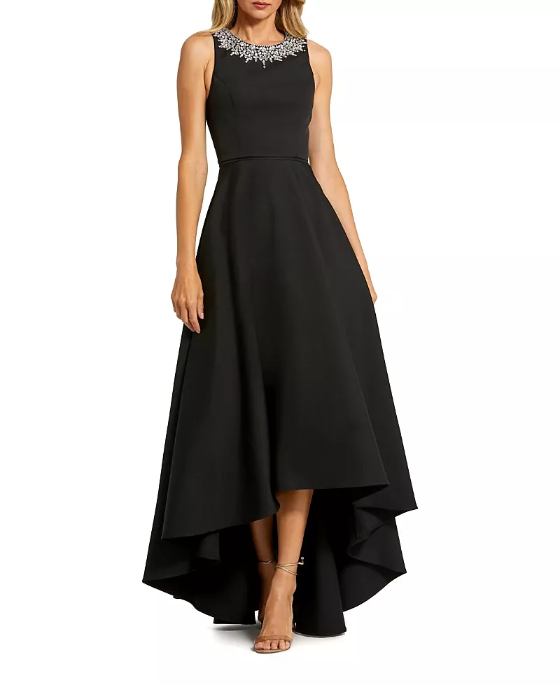 Mac Duggal Petite Crepe Embellished Neck High Low Gown