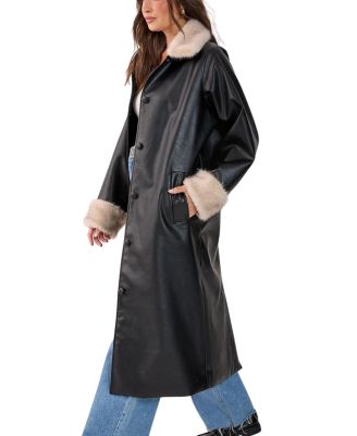 Faux Leather Longline Fur Trim Coat