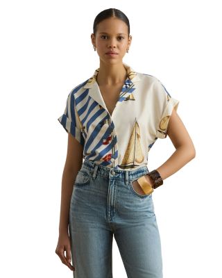 Striped Sailboat Print Crepe Camp Shirt