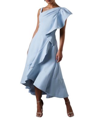  One Shoulder Crepe Ruffle Midi Dress