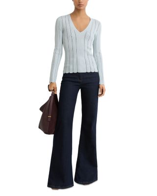 V Neck Ribbed Pointelle Sweater