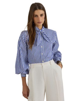 Striped Broadcloth Tie Neck Shirt