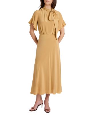  Sabrina Silk Short Sleeve Tie Neck Midi Dress