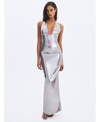  Valeska Foil Plunging Sheath Maxi Dress