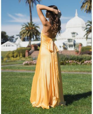  Ruched Halter Neck Tie Back Satin Gown