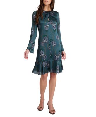  Drake Long Sleeve Printed Shift Dress with Ruffled Skirt