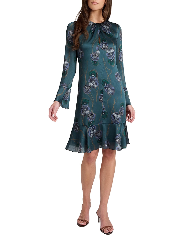 Santorelli Drake Long Sleeve Printed Shift Dress with Ruffled Skirt