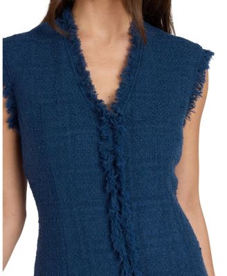  Tuscany Sleeveless V-Neck Tweed Dress with Fringe Detail