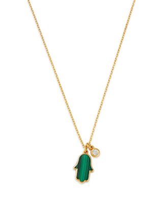 Malachite & Diamond Hamsa Hand & Bezel Diamond Charm Pendant Necklace in 14K Yellow Gold, 16"
