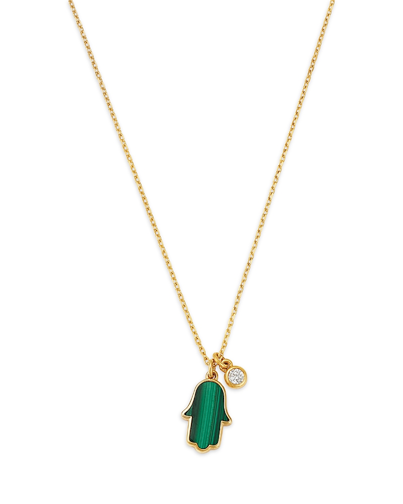 Bloomingdale's Fine Collection Malachite & Diamond Hamsa Hand & Bezel Diamond Charm Pendant Necklace in 14K Yellow Gold, 16