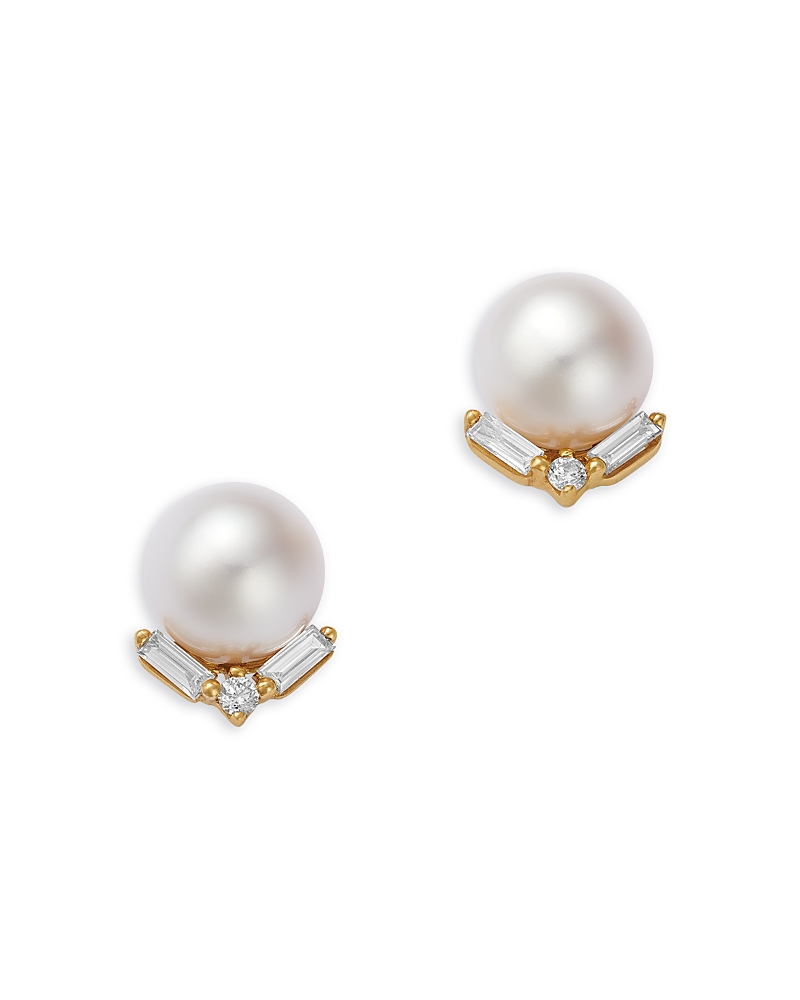 Bloomingdale's Fine Collection Spring Pearl Freshwater Pearl & Diamond Baguette Stud Earrings in 14K Yellow Gold