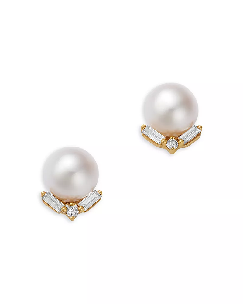 Bloomingdale's Fine Collection Spring Pearl Freshwater Pearl & Diamond Baguette Stud Earrings in 14K Yellow Gold