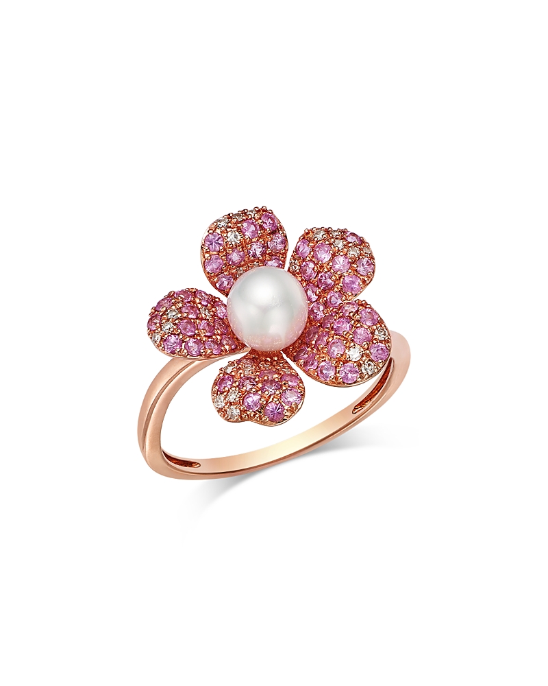 Bloomingdale's Fine Collection Spring Pearl Freshwater Pearl, Pink Sapphire, & Diamond Flower Ring in 14K Rose Gold