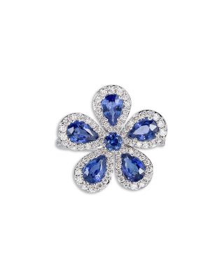 18K White Gold Classic Flower Blue Sapphire & Diamond Ring