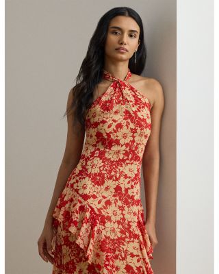 Floral Ruffle Trim Georgette Halter Gown