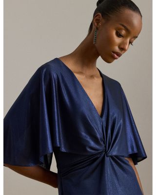 Metallic Jersey Twist Front Cape Gown