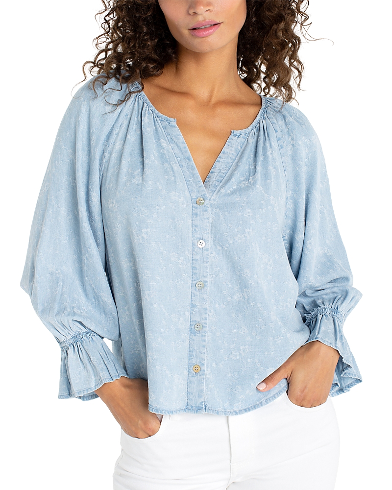 Liverpool Los Angeles Three Quarter Sleeve Button Front Shirred Woven Top