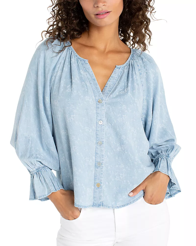 Liverpool Los Angeles Three Quarter Sleeve Button Front Shirred Woven Top