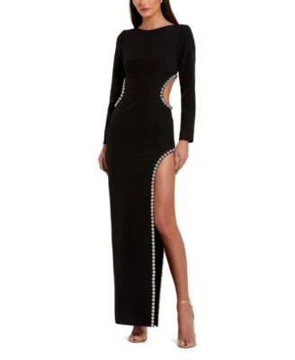 Crepe Long Sleeve Gown With Beaded Cut Outs