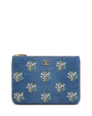 Medium Floral Embroidered Denim Flat Pouch  