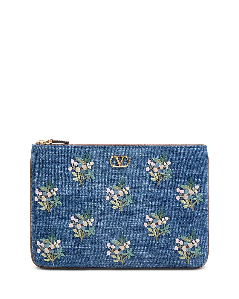 Valentino Garavani Medium Floral Embroidered Denim Flat Pouch