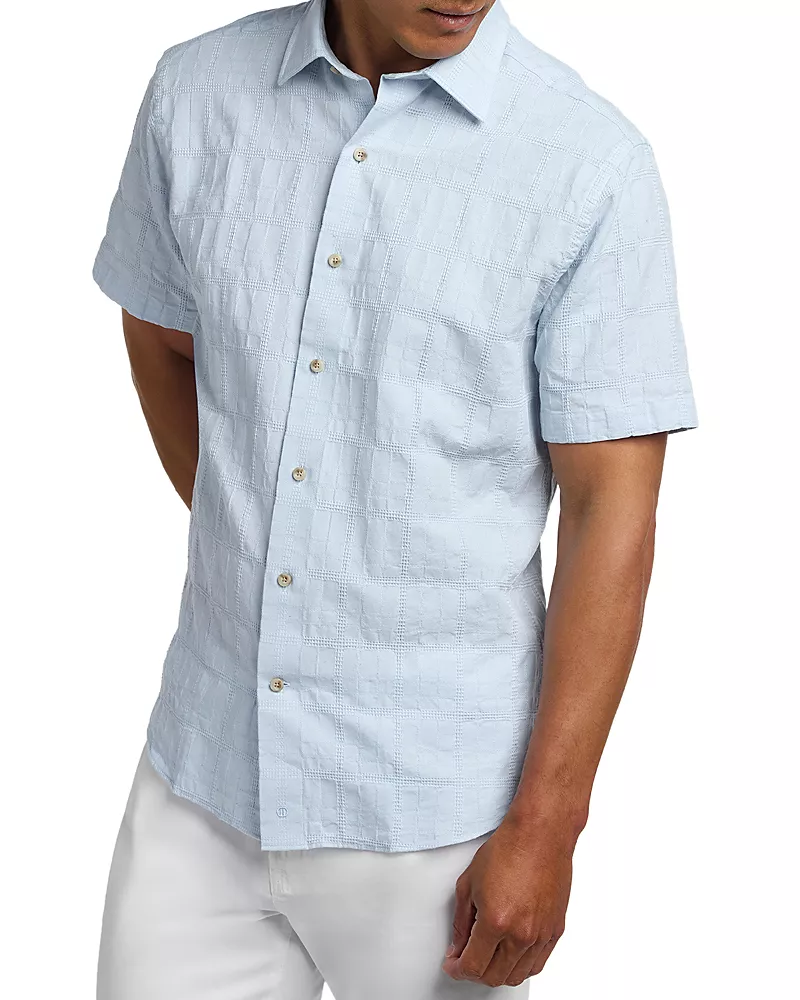 David Donahue Cotton Linen Jacquard Short Sleeve Shirt