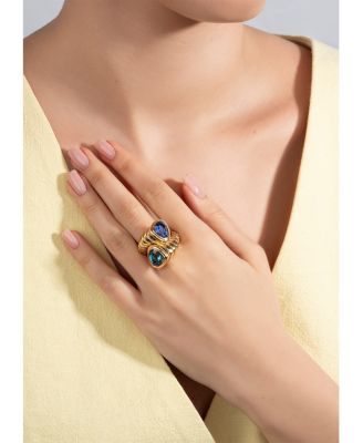 18K Yellow Gold Trisola Tanzanite & Blue Topaz Toi et Moi Ring