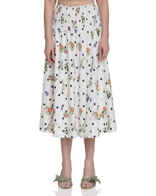 Botanical Print Smock Waist Midi Skirt