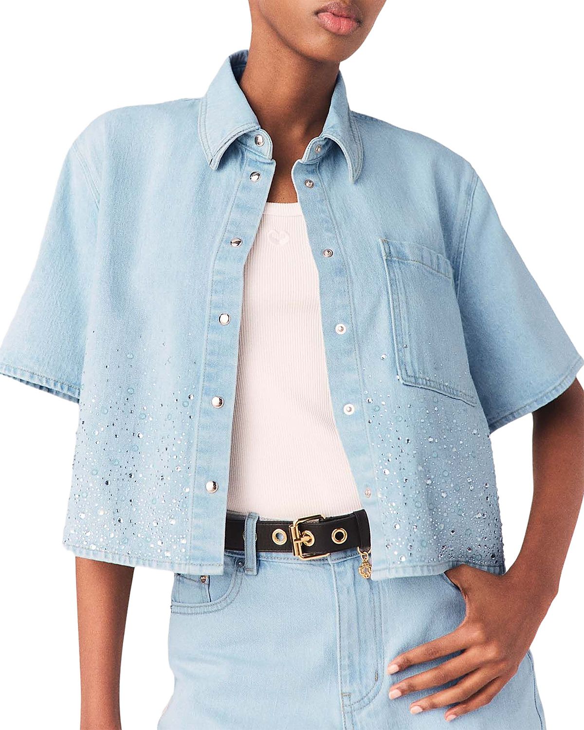 Maje Cropped Rhinestone Denim Shirt