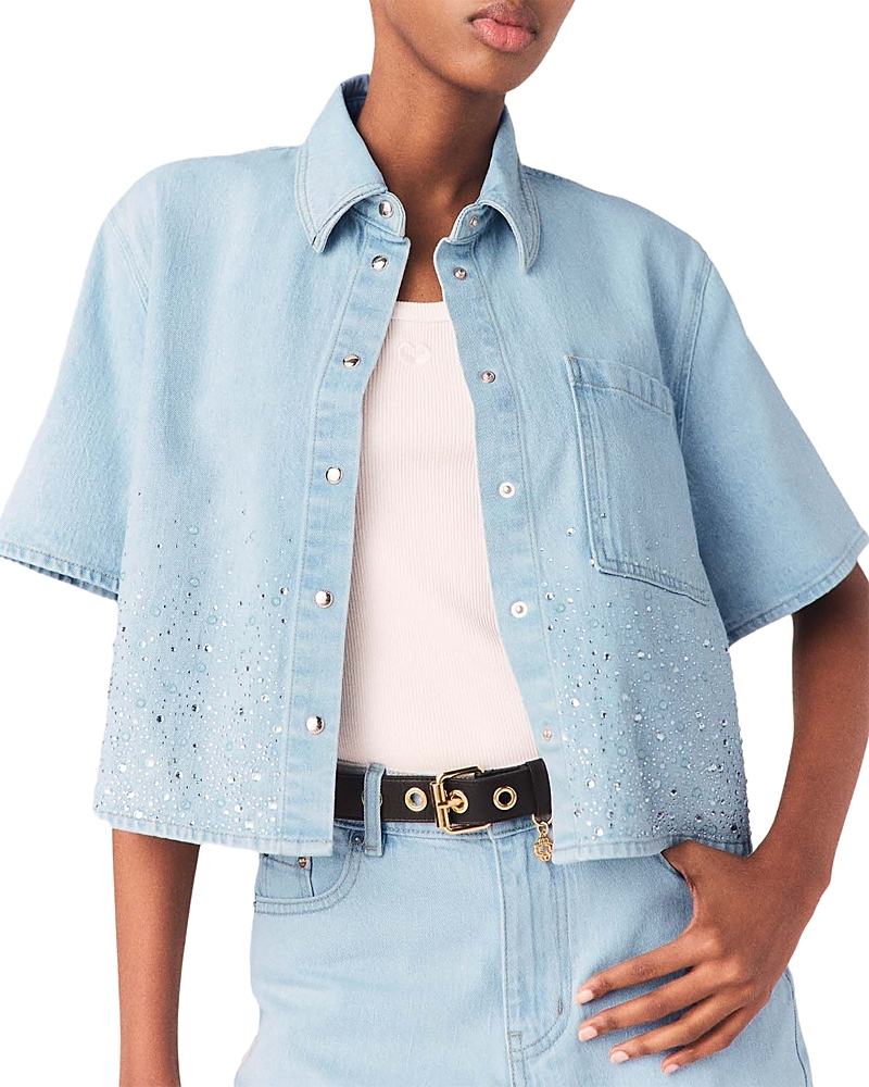 Maje Cropped Rhinestone Denim Shirt