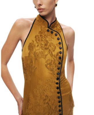  High-Neck Button-Detail Midi Dress