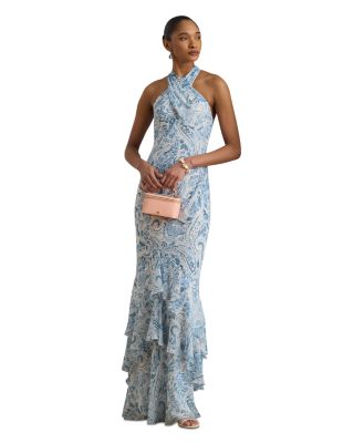 Paisley Crinkle Georgette Halter Gown