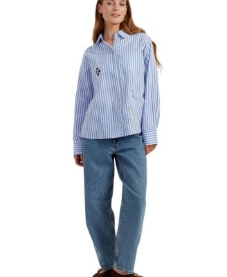  Women's Cotton Oxford Stripe Floral Shirt
