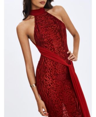  Cerise Burnout Velvet Multiwear Mesh Ribbon Maxi Dress