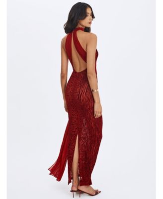  Cerise Burnout Velvet Multiwear Mesh Ribbon Maxi Dress