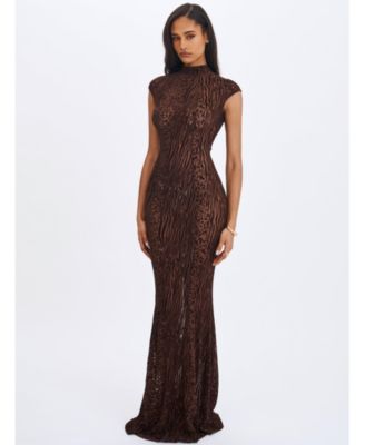  Tyanna Burnout Velvet Mesh Backless Mermaid Maxi Dress