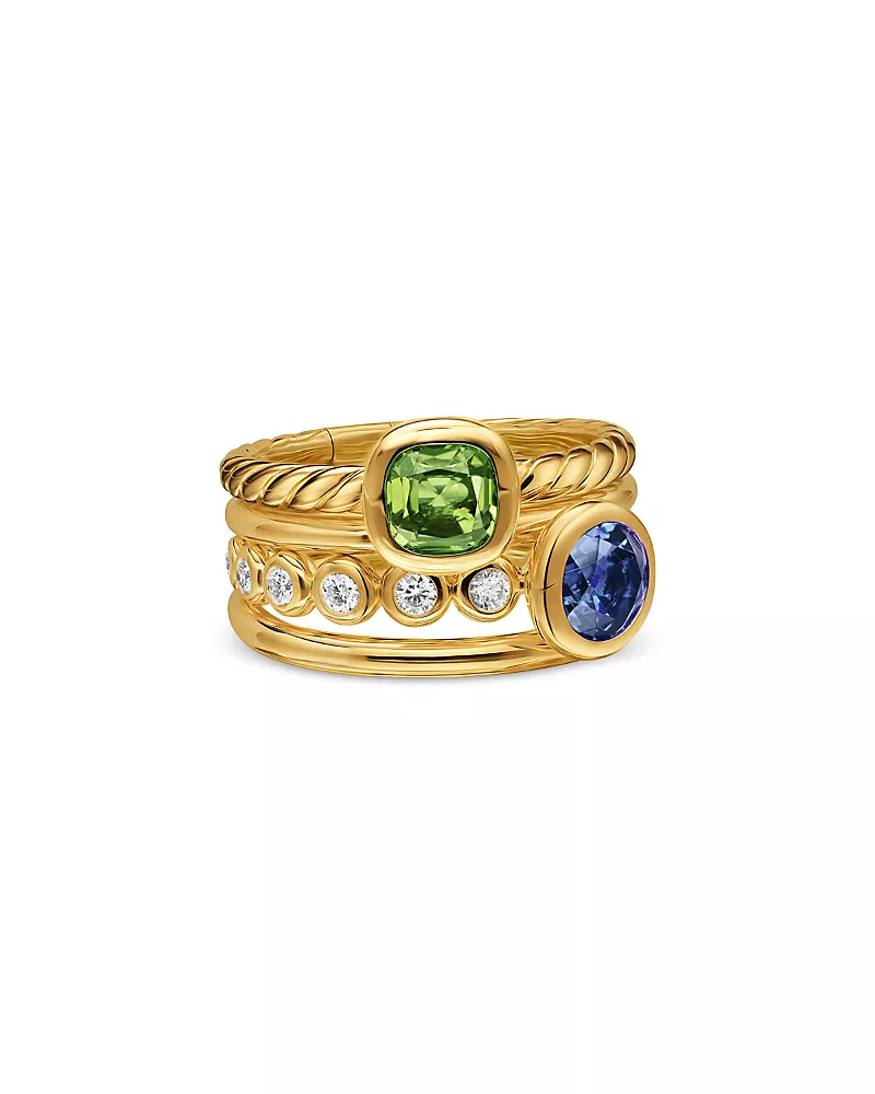 Dy Mercer Color Stone Multi Row Ring in 18K Yellow Gold with Green Tourmaline, Tanzanite and Diamonds, 10mm