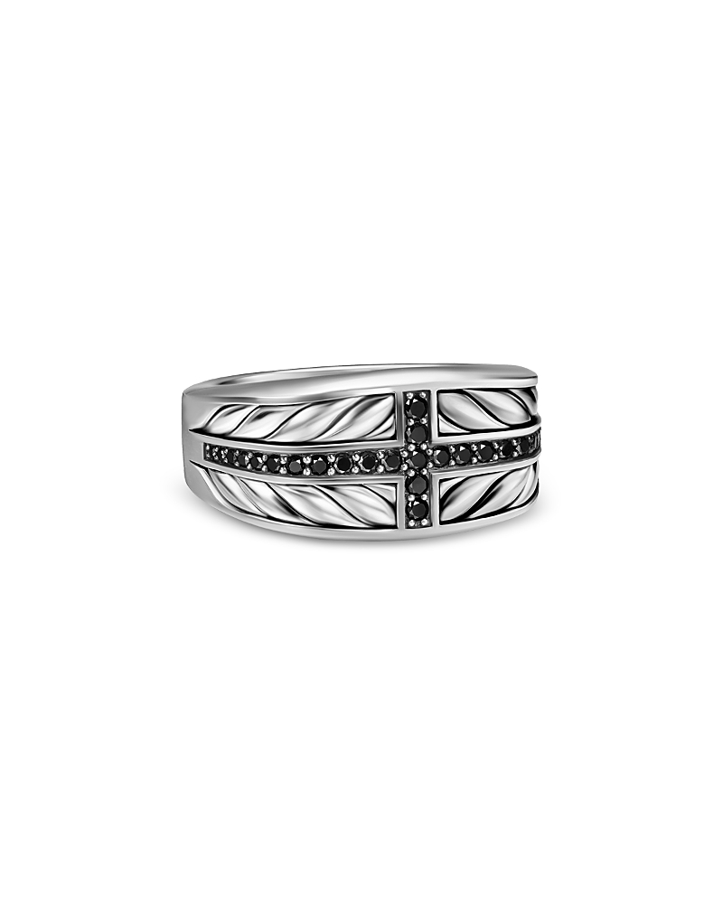 Men's Chevron Three Sided Signet Ring in Sterling Silver with Black Diamonds, 12.5mm