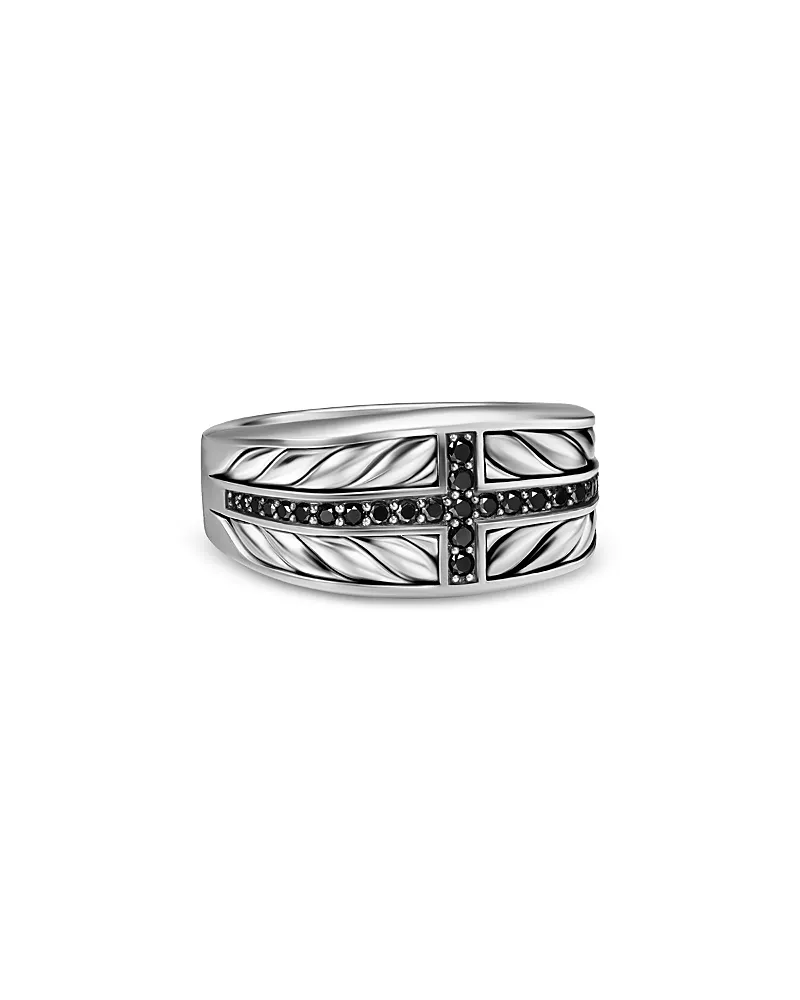 Men's Chevron Three Sided Signet Ring in Sterling Silver with Black Diamonds, 12.5mm