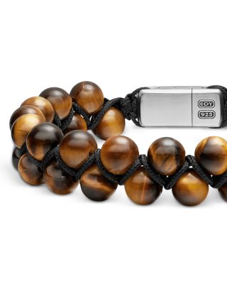 Men's Spiritual Beads Two Row Woven Bracelet Collection with Tiger's Eye, Black Nylon and Sterling Silver, 8mm
