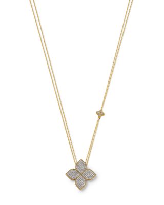 18K White & Yellow Gold Princess Flower Diamond Adjustable Pendant Necklace, 18 or 31"
