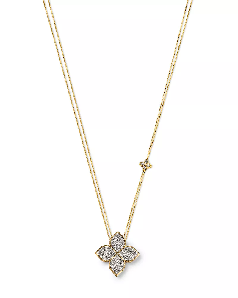 Roberto Coin 18K White & Yellow Gold Princess Flower Diamond Adjustable Pendant Necklace, 18 or 31